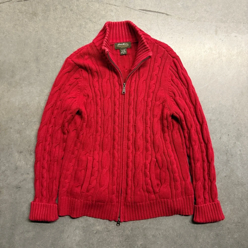 Eddie Bauer Red Cable Knit Full Zip Cardigan Sweater Mens XL Cotton Wool Blend